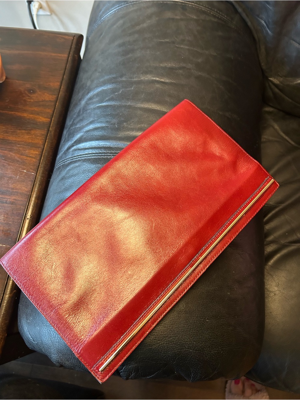 Vintage Red Leather Clutch Wallet with Gold Trim